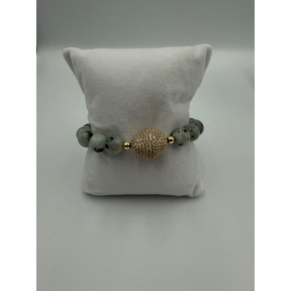 Gemstone Beaded Stretch Bracelet Gold Pave Crystal Focal‎ Bead Star Charm Green